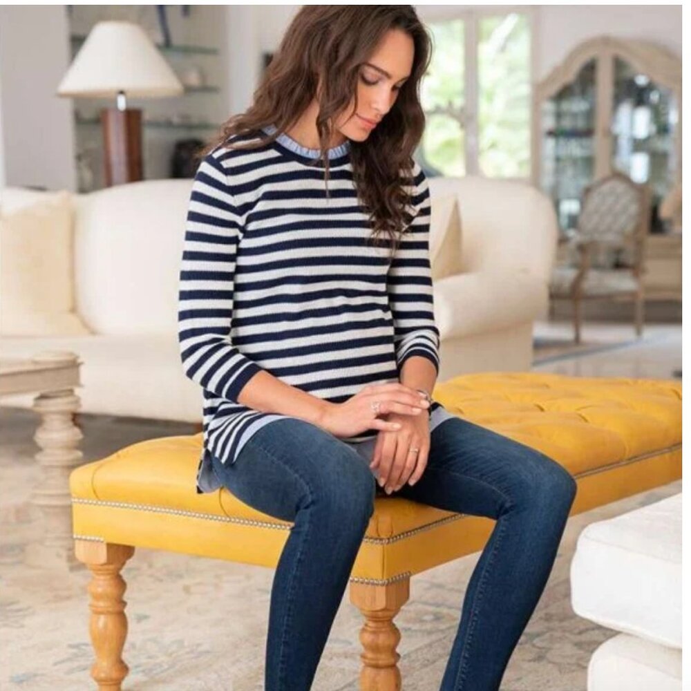 Cotton Stripe Maternity & Nursing Sweater with Detachable Collar - Medium